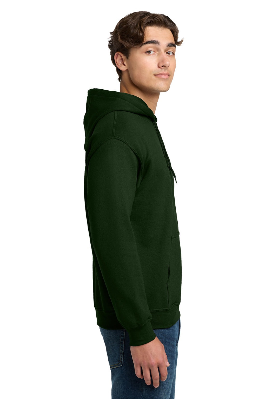 Gildan 12500 Mens DryBlend Moisture Wicking Hooded Sweatshirt Hoodie w/ Pouch Pocket Forest Green Model Side