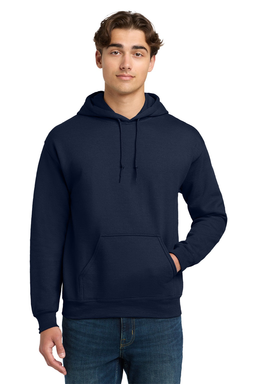 Gildan 12500 Mens DryBlend Moisture Wicking Hooded Sweatshirt Hoodie w/ Pouch Pocket Navy Blue Model Front