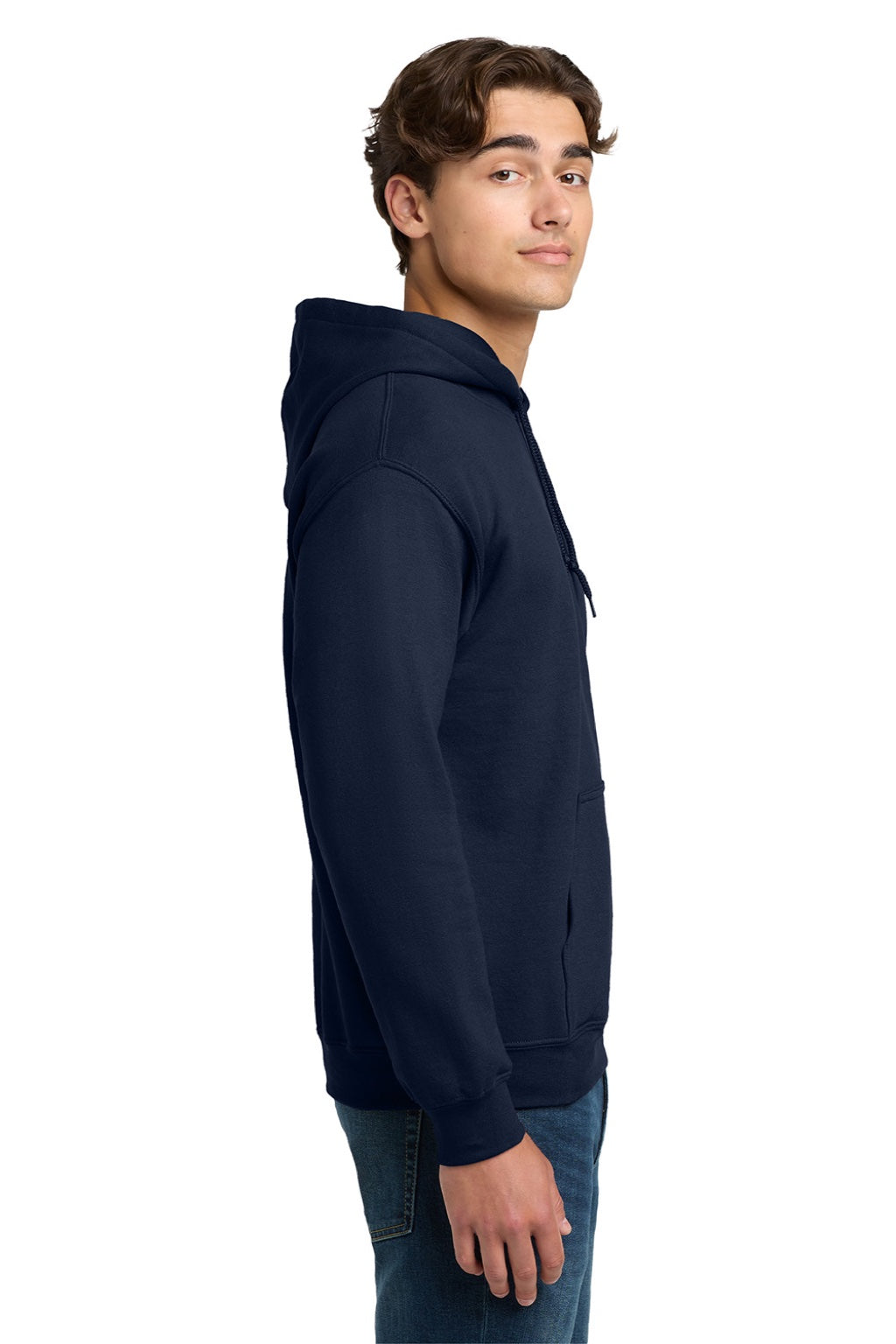Gildan 12500 Mens DryBlend Moisture Wicking Hooded Sweatshirt Hoodie w/ Pouch Pocket Navy Blue Model Side