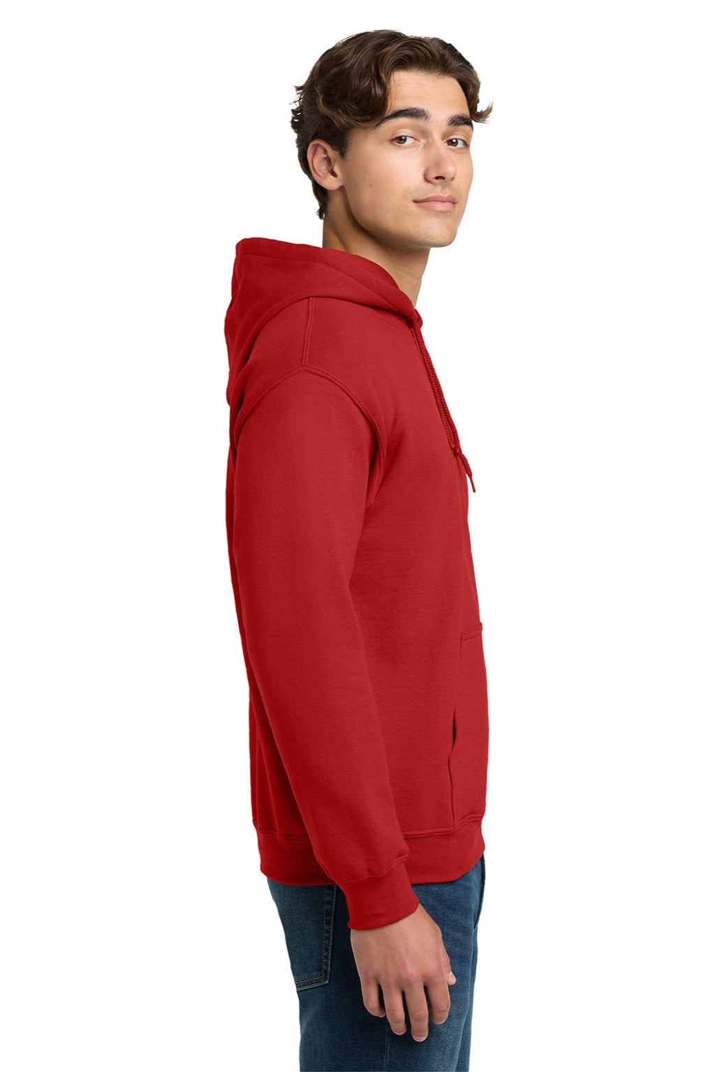 Gildan 12500 Mens DryBlend Moisture Wicking Hooded Sweatshirt Hoodie w/ Pouch Pocket Red Model Side