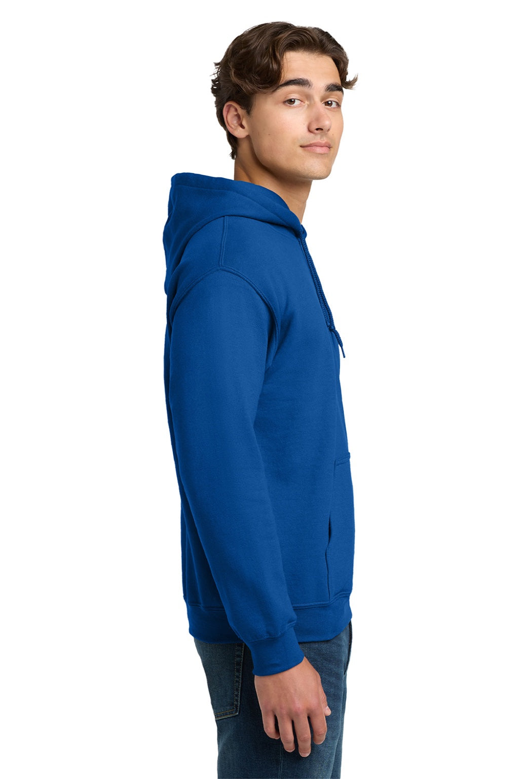 Gildan 12500 Mens DryBlend Moisture Wicking Hooded Sweatshirt Hoodie w/ Pouch Pocket Royal Blue Model Side