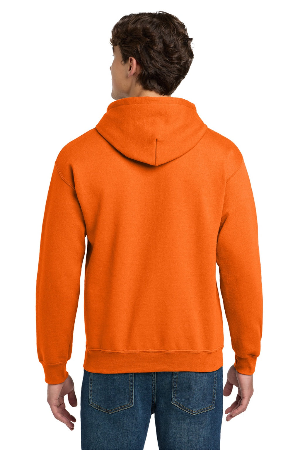 Gildan 12500 Mens DryBlend Moisture Wicking Hooded Sweatshirt Hoodie w/ Pouch Pocket Safety Orange Model Back