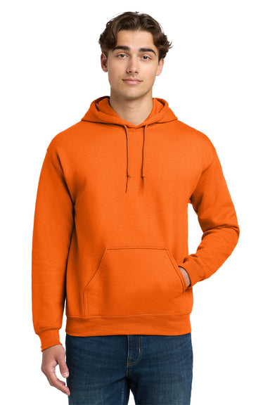 Gildan 12500 Mens DryBlend Moisture Wicking Hooded Sweatshirt Hoodie w/ Pouch Pocket Safety Orange Model Front