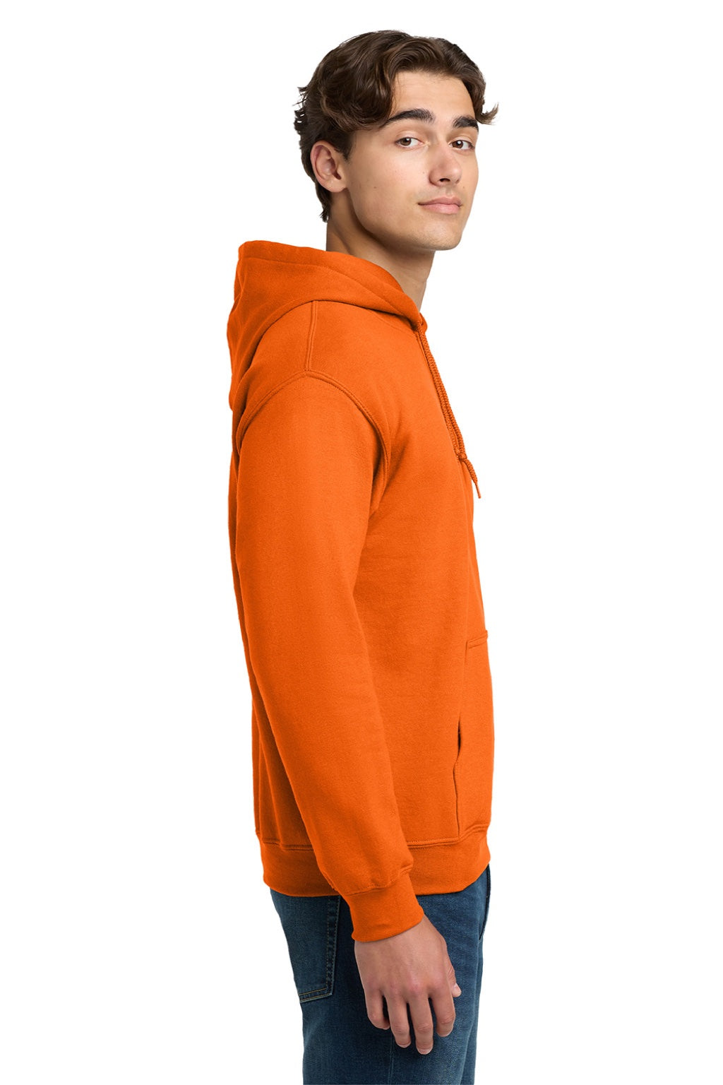 Gildan 12500 Mens DryBlend Moisture Wicking Hooded Sweatshirt Hoodie w/ Pouch Pocket Safety Orange Model Side