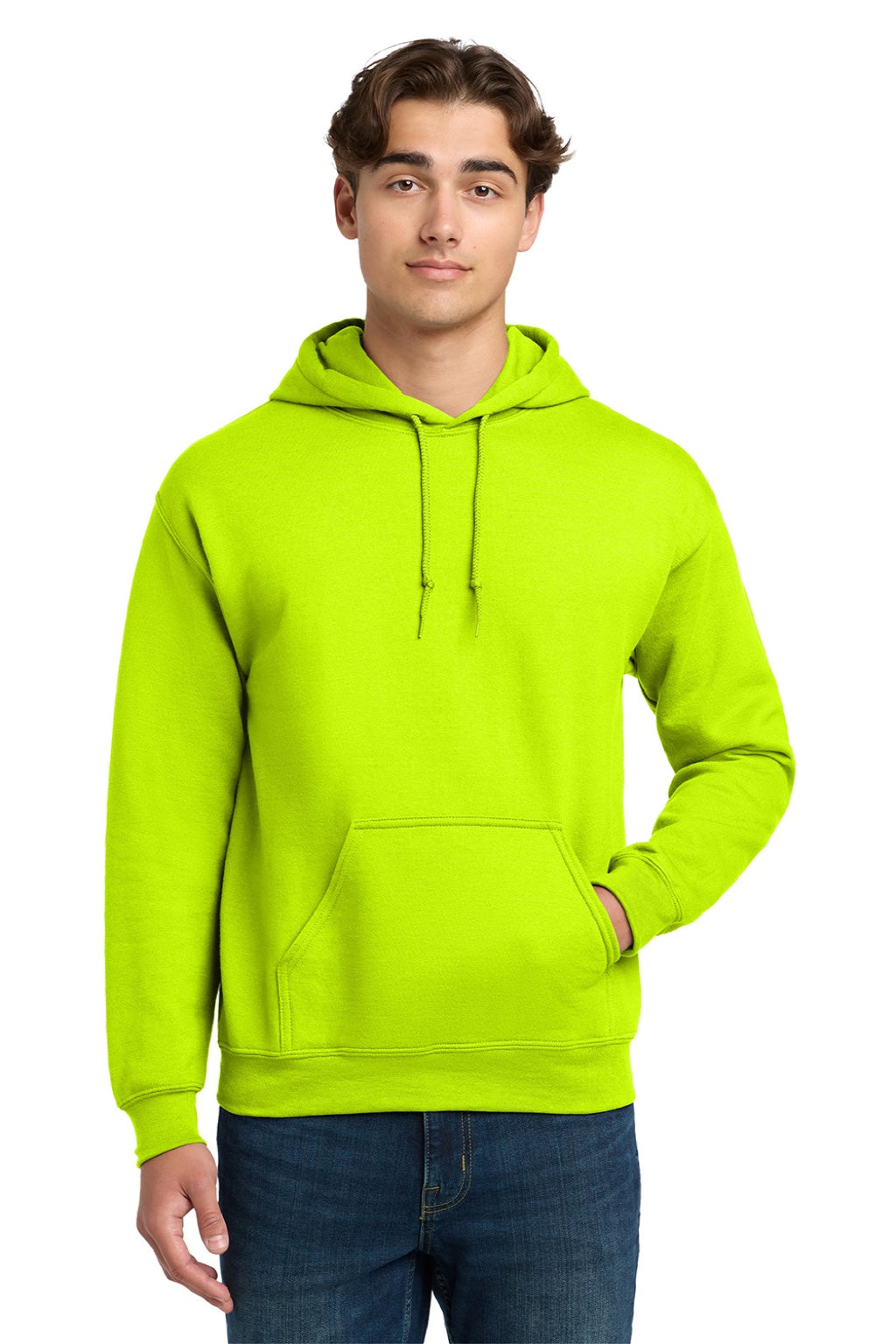 Gildan 12500 Mens DryBlend Moisture Wicking Hooded Sweatshirt Hoodie w/ Pouch Pocket Safety Green Model Front