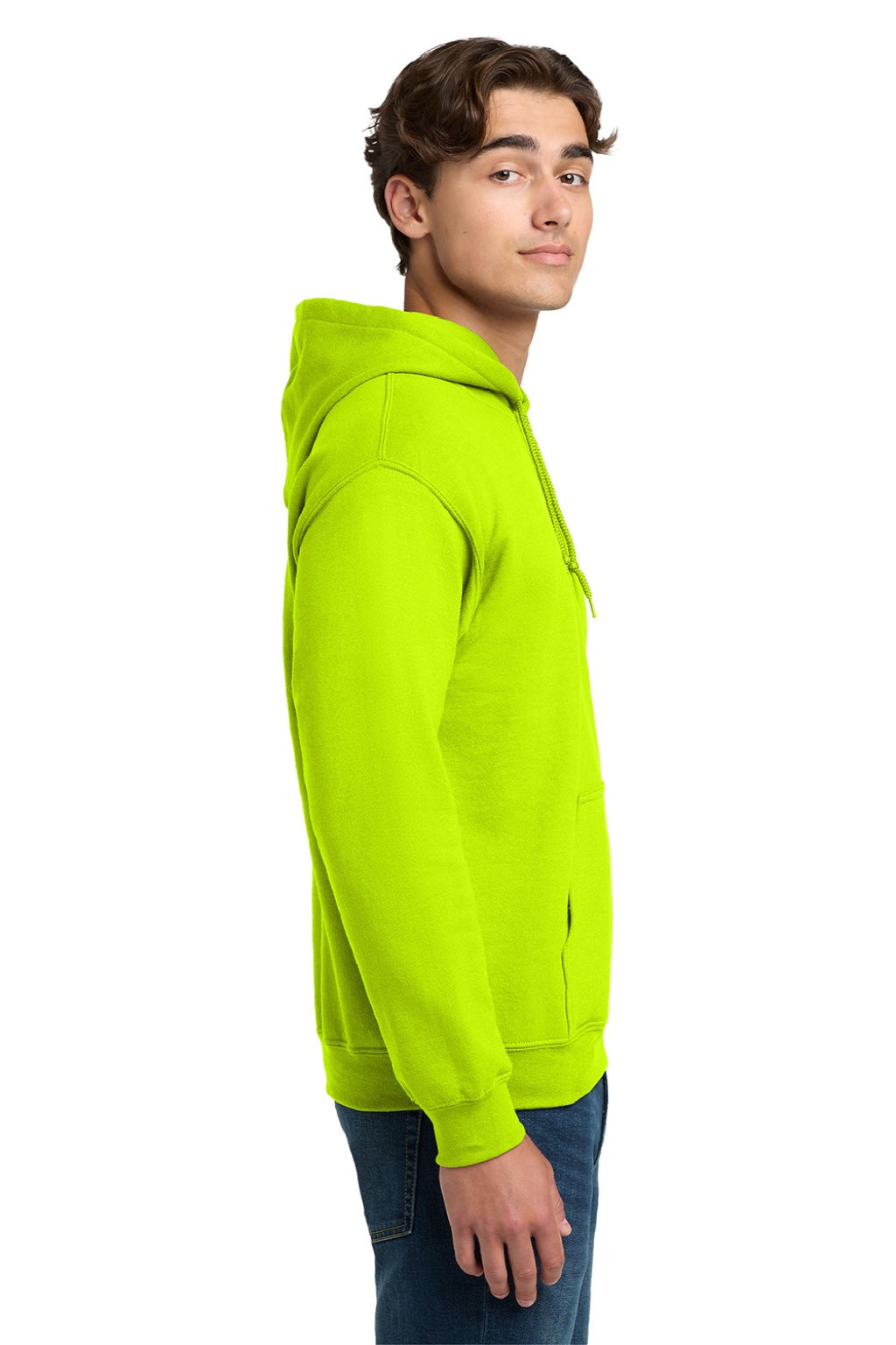 Gildan 12500 Mens DryBlend Moisture Wicking Hooded Sweatshirt Hoodie w/ Pouch Pocket Safety Green Model Side