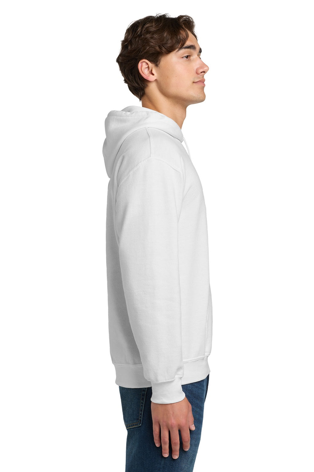 Gildan 12500 Mens DryBlend Moisture Wicking Hooded Sweatshirt Hoodie w/ Pouch Pocket White Model Side