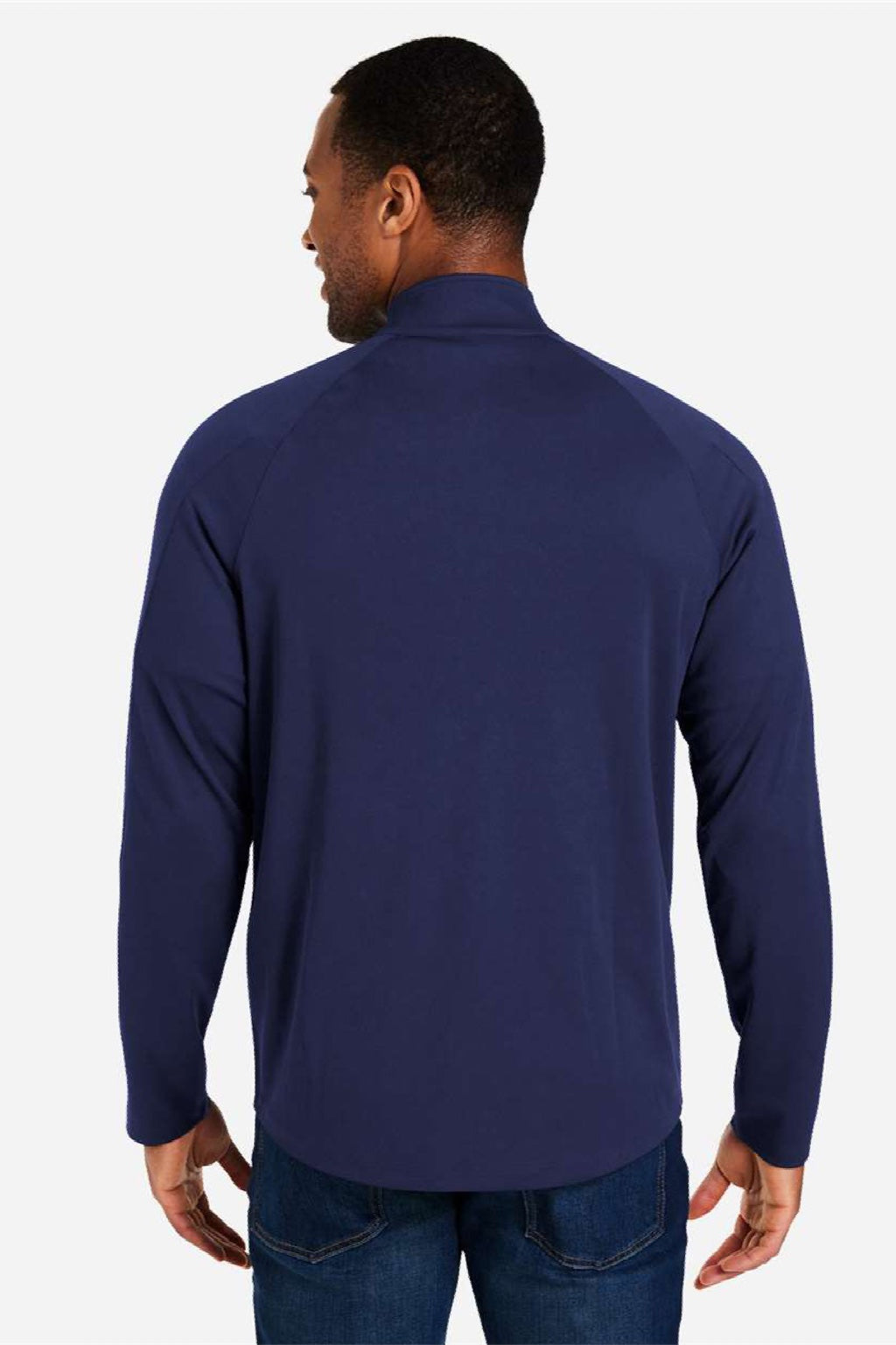 Core 365 CE418 Mens Origin Performance Pique 1/4 Zip Sweatshirt Heather Classic Navy Blue/Carbon Grey Model Back