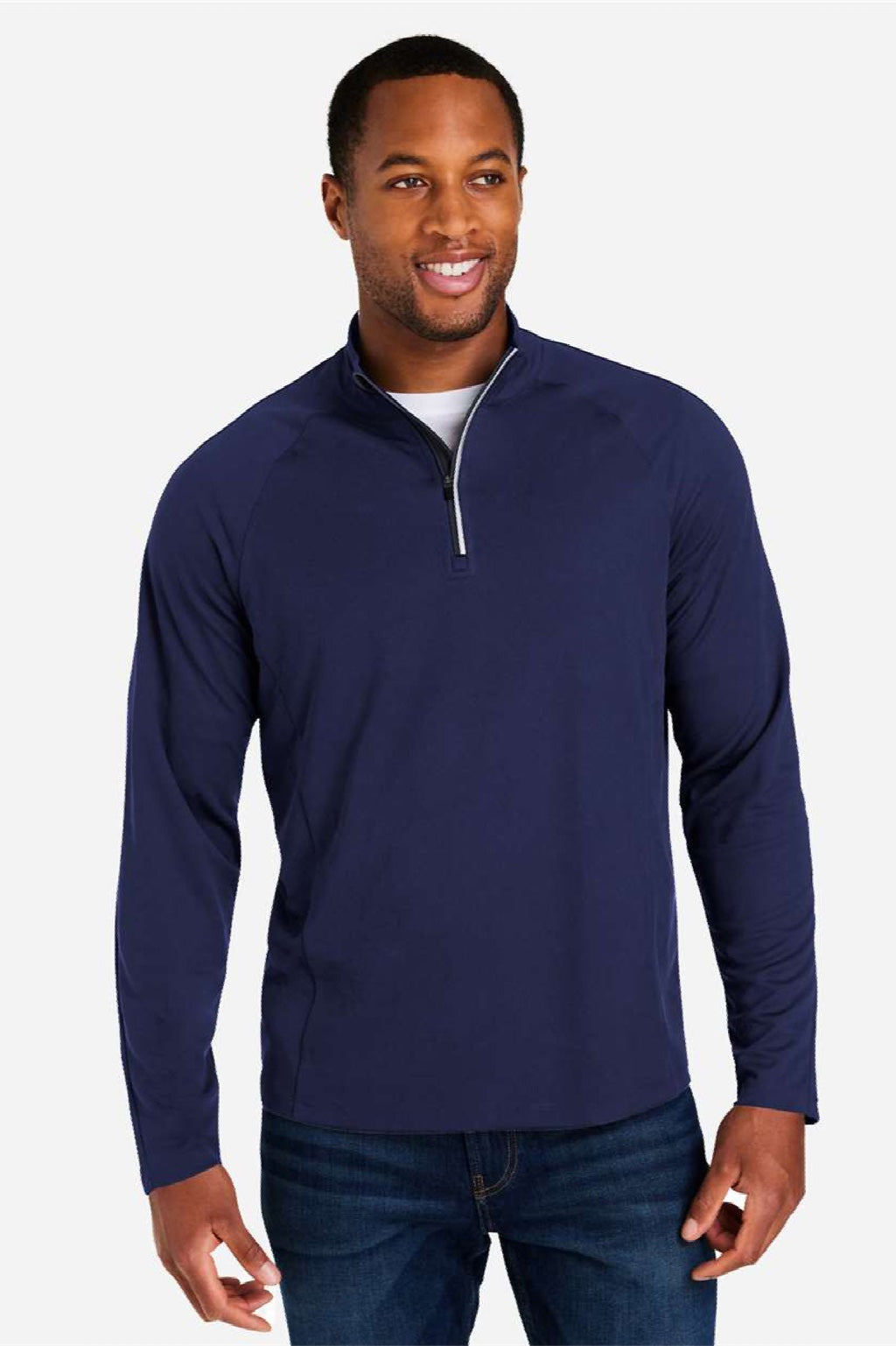 Core 365 CE418 Mens Origin Performance Pique 1/4 Zip Sweatshirt Heather Classic Navy Blue/Carbon Grey Model Front