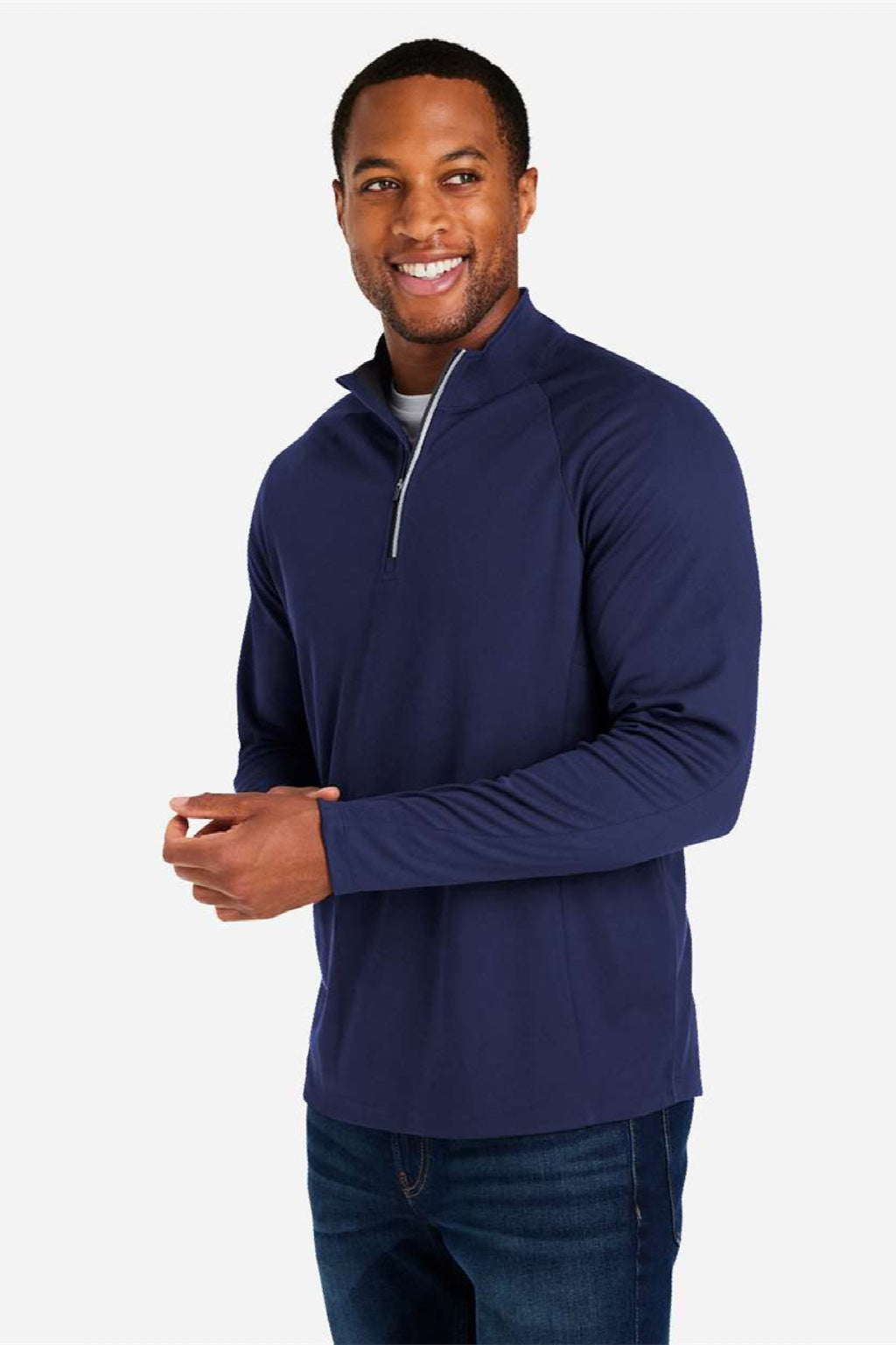 Core 365 CE418 Mens Origin Performance Pique 1/4 Zip Sweatshirt Heather Classic Navy Blue/Carbon Grey Model Side