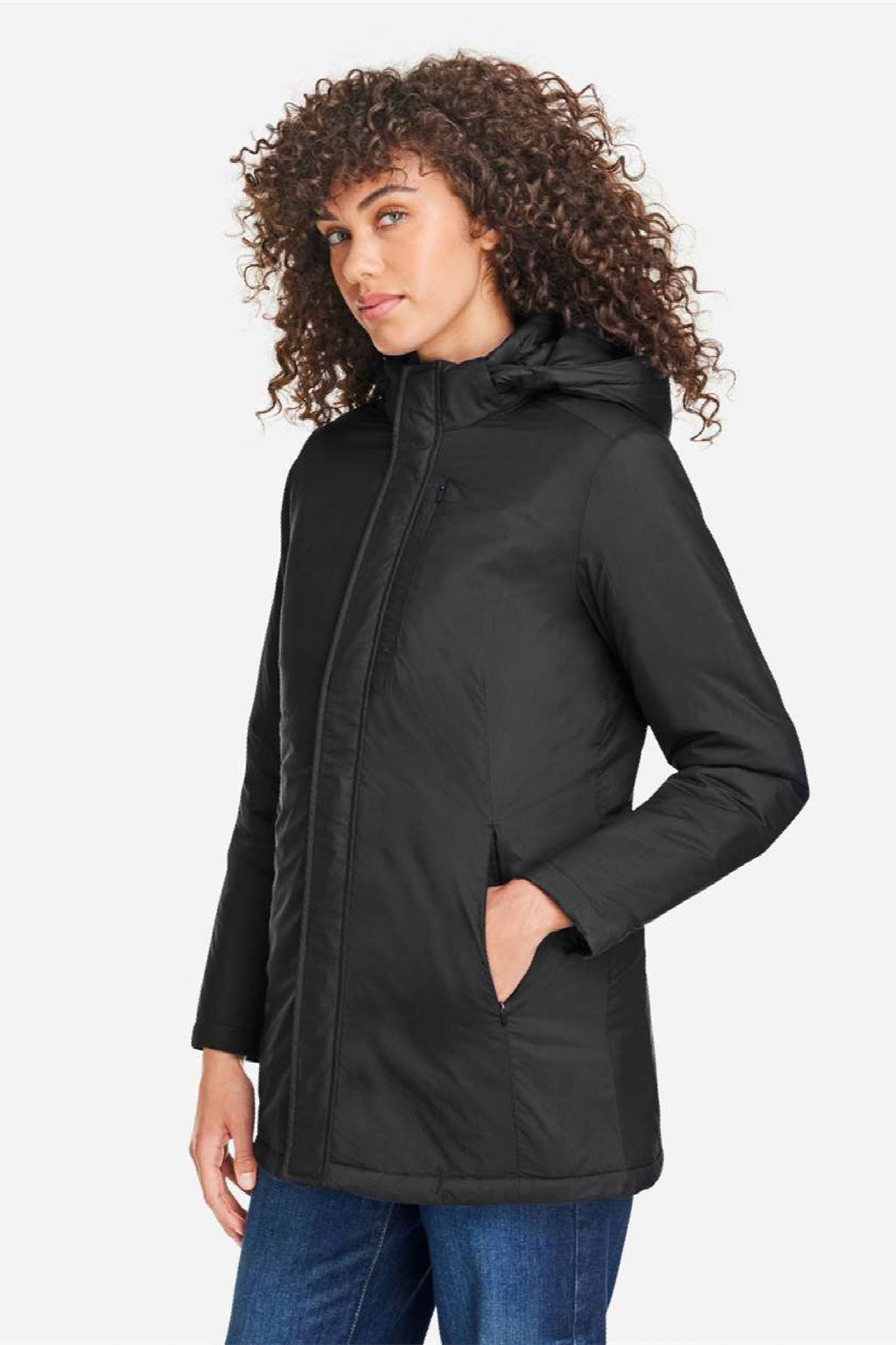 Core 365 CE725W Womens Inspire 3-in-1 Insulated Full Zip Hooded Jacket Black/Carbon Grey Model Side