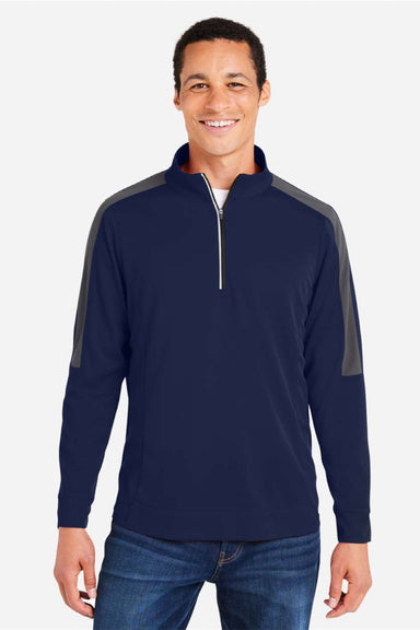 Core 365 CE404 Mens Market Snag Resistant Mesh Colorblock 1/4 Zip Sweatshirt Heather Classic Navy Blue/Carbon Grey Model Front