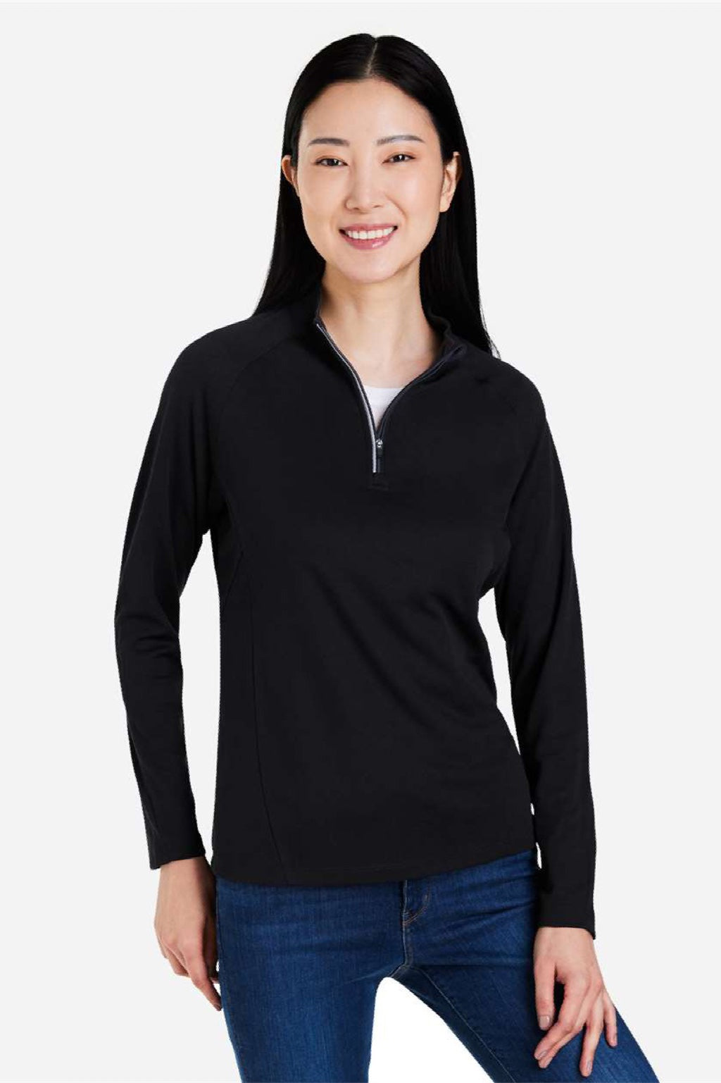 Core 365 CE418W Womens Origin Performance Pique 1/4 Zip Sweatshirt Black/Carbon Grey Model Front