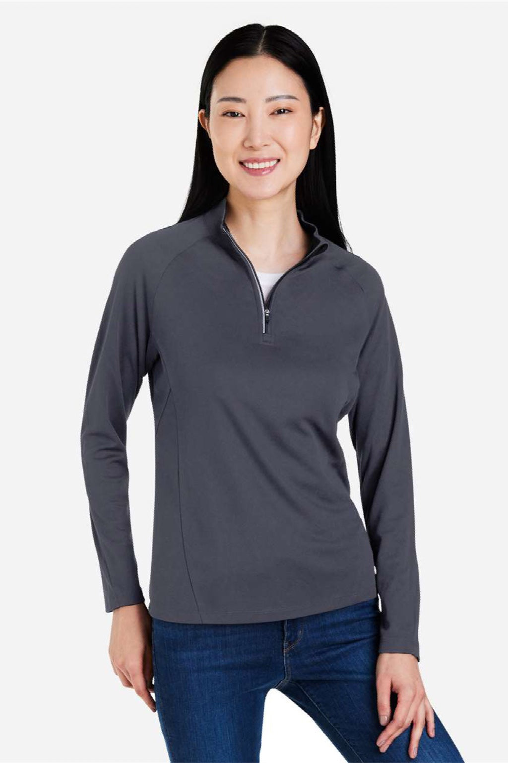 Core 365 CE418W Womens Origin Performance Pique 1/4 Zip Sweatshirt Carbon Grey/Black Model Front