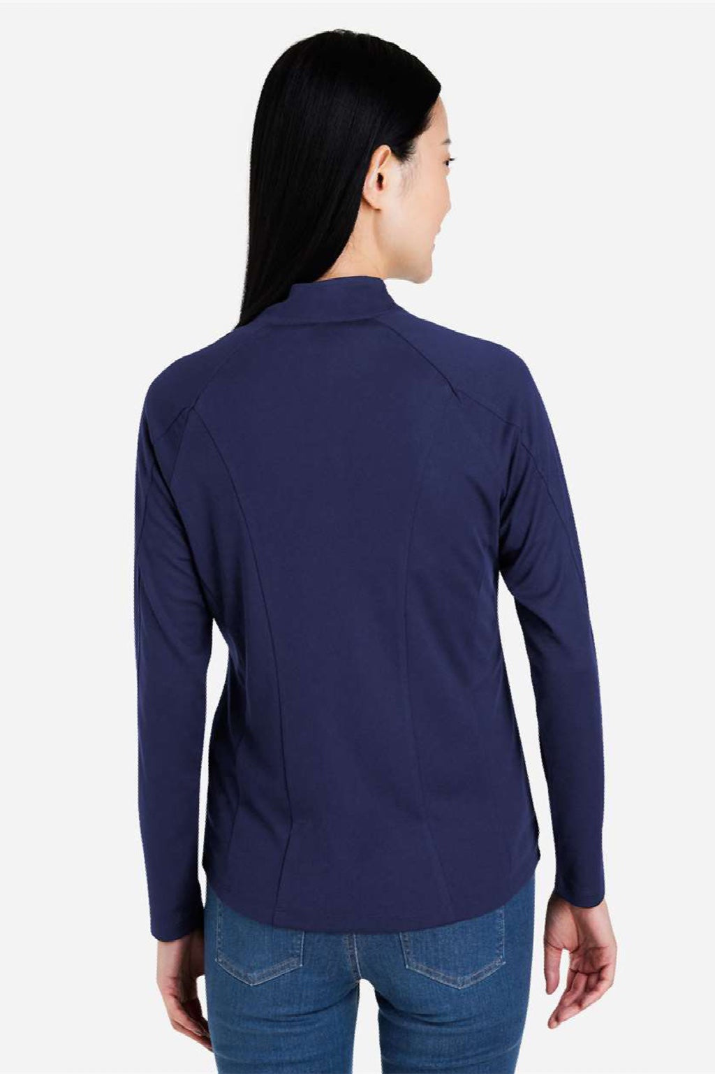 Core 365 CE418W Womens Origin Performance Pique 1/4 Zip Sweatshirt Heather Classic Navy Blue/Carbon Grey Model Back