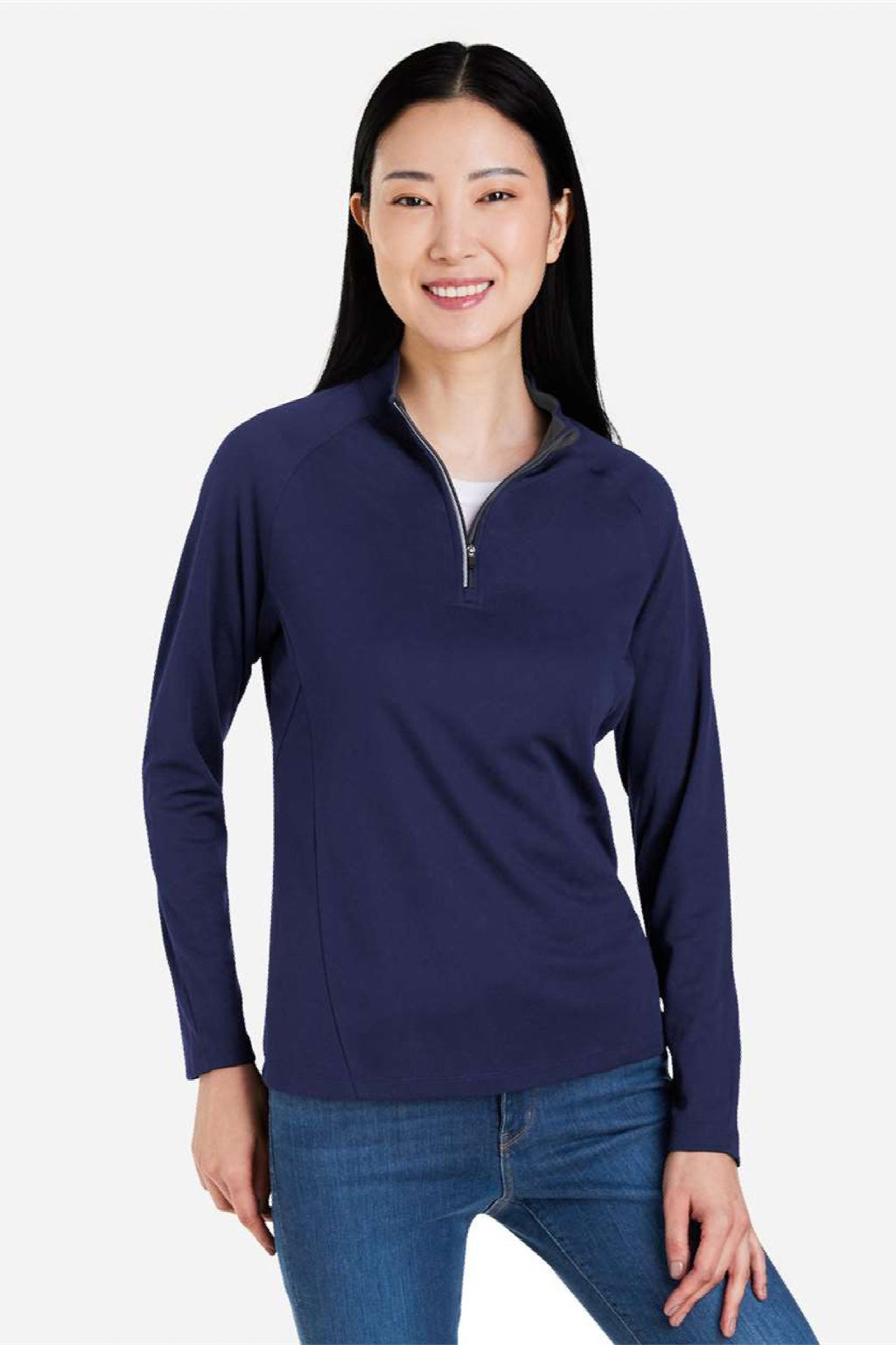 Core 365 CE418W Womens Origin Performance Pique 1/4 Zip Sweatshirt Heather Classic Navy Blue/Carbon Grey Model Front
