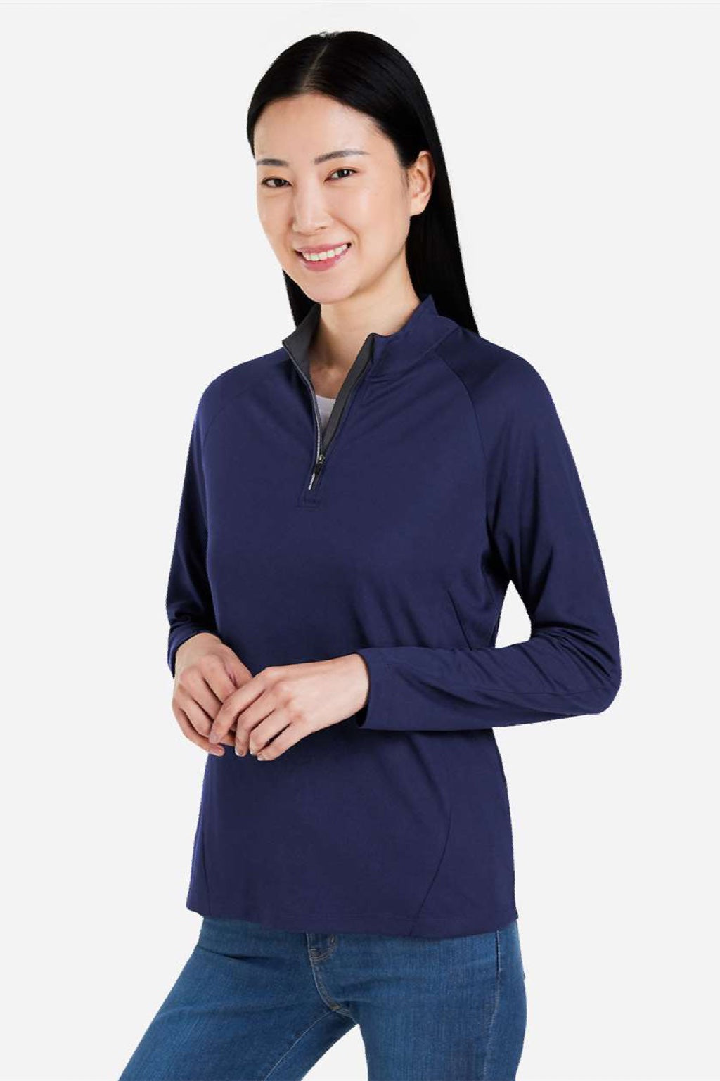 Core 365 CE418W Womens Origin Performance Pique 1/4 Zip Sweatshirt Heather Classic Navy Blue/Carbon Grey Model Side