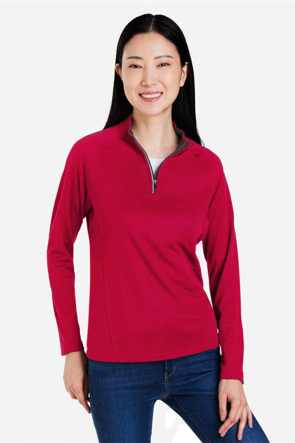 Core 365 CE418W Womens Origin Performance Pique 1/4 Zip Sweatshirt Classic Red/Carbon Grey Model Front