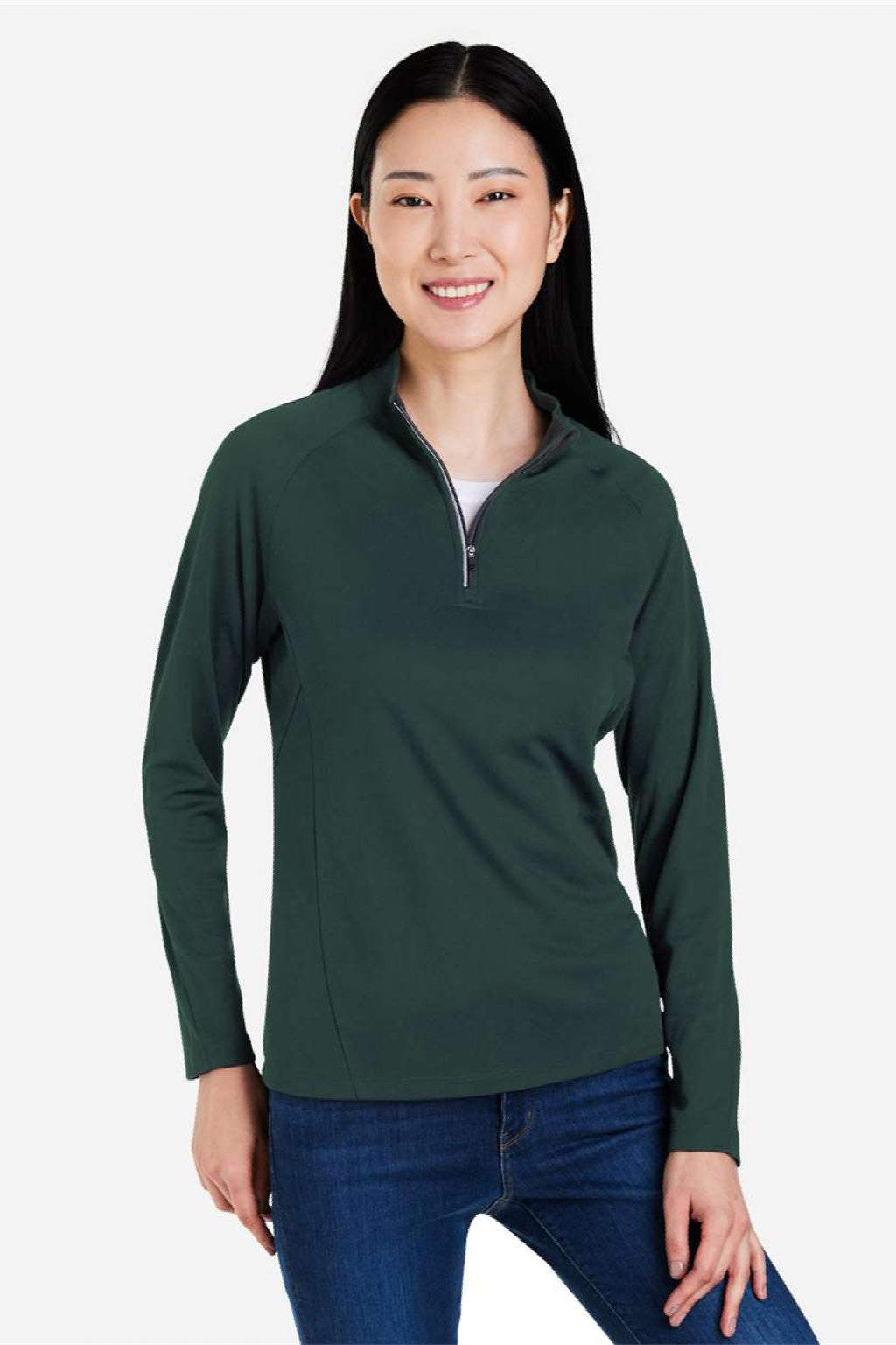 Core 365 CE418W Womens Origin Performance Pique 1/4 Zip Sweatshirt Forest Green/Carbon Grey Model Front