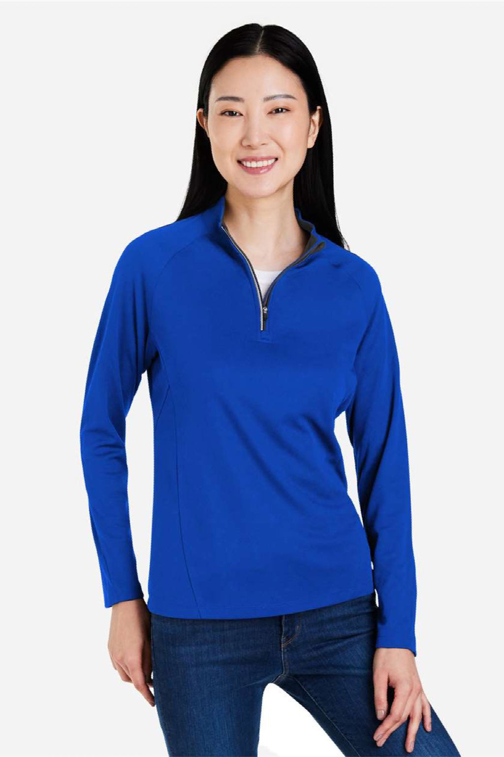 Core 365 CE418W Womens Origin Performance Pique 1/4 Zip Sweatshirt True Royal Blue/Carbon Grey Model Front