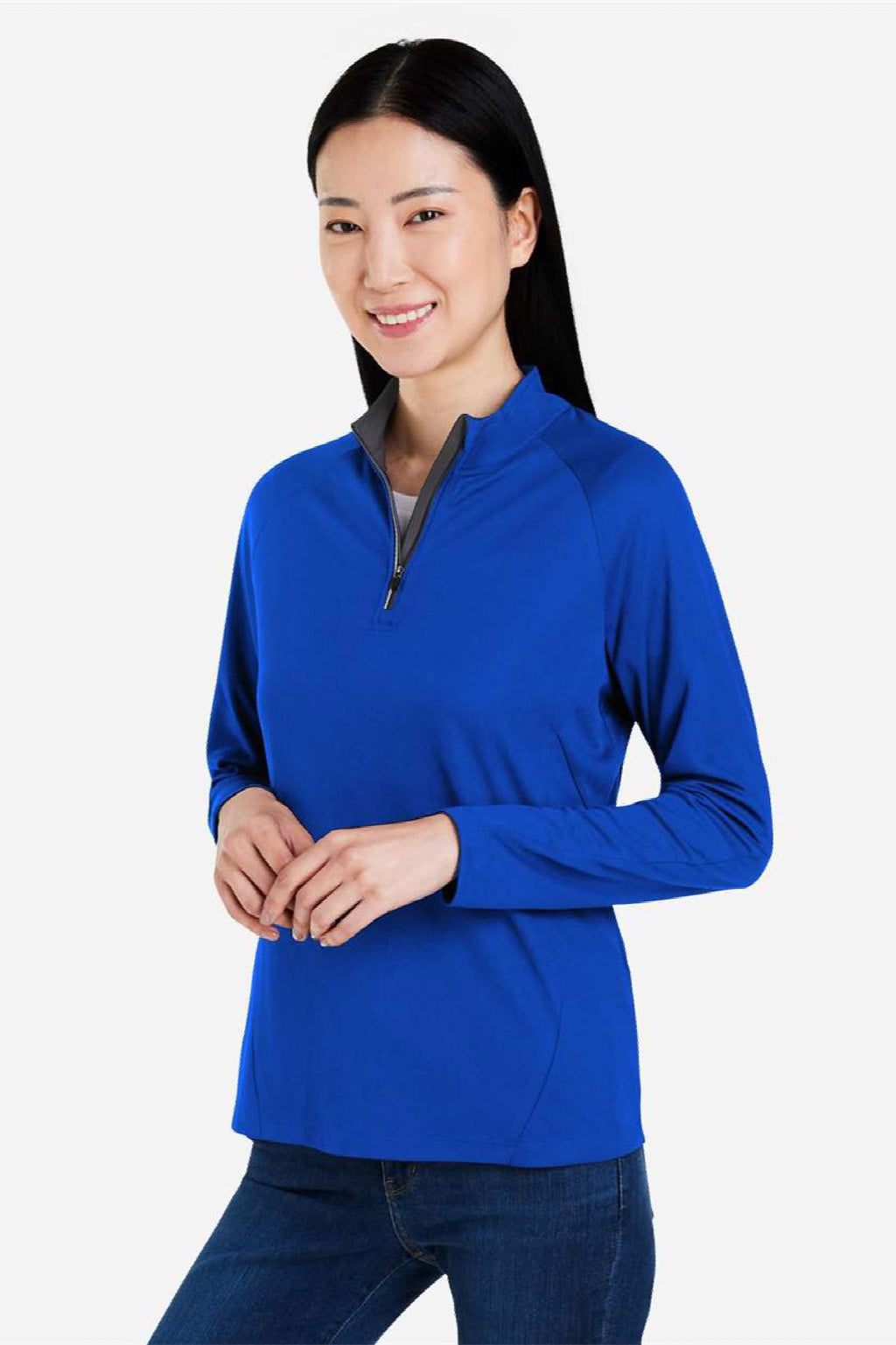 Core 365 CE418W Womens Origin Performance Pique 1/4 Zip Sweatshirt True Royal Blue/Carbon Grey Model Side