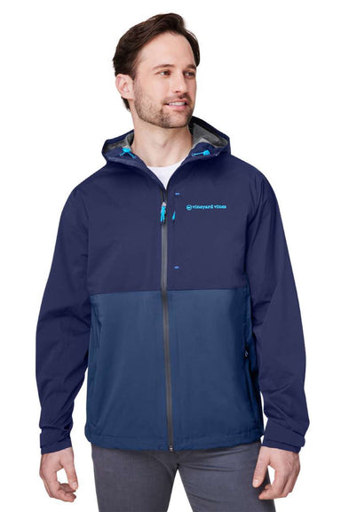 Vineyard Vines O001647 Mens On The Go Packable Full Zip Hooded Rain Jacket Navy Blue Blazer Model Front