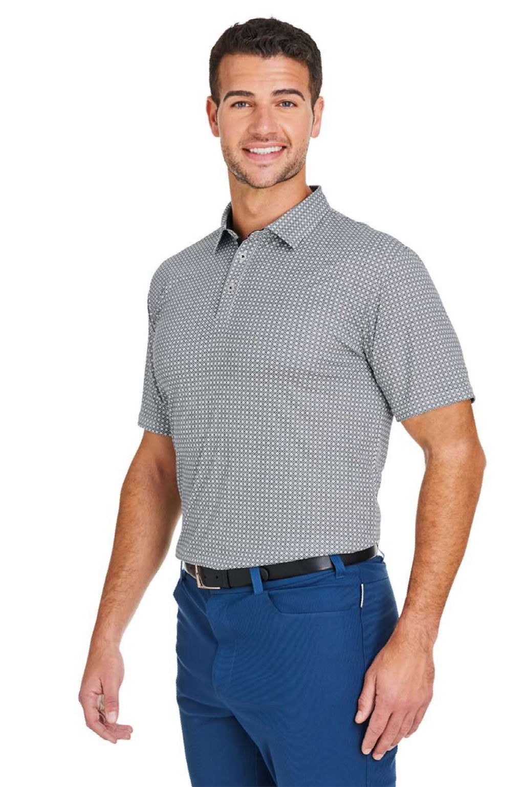 Swannies Golf SW2200 Mens Tanner Printed Short Sleeve Polo Shirt Glacier/Black Model Side