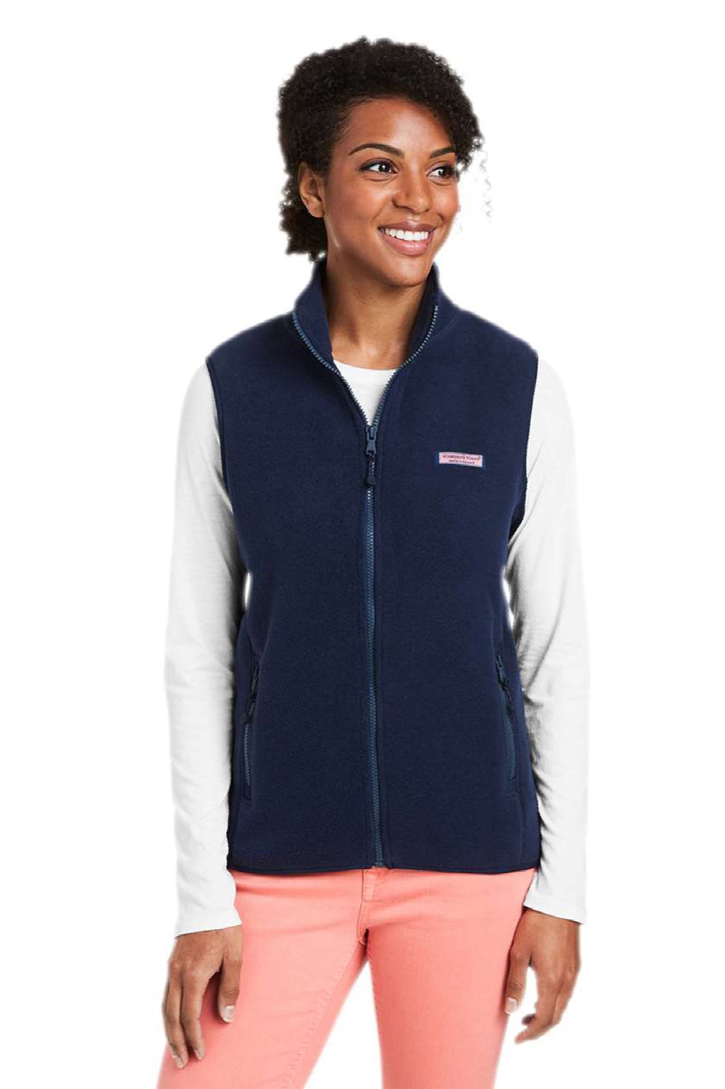 Vineyard Vines O001412 Womens Harbor Fleece Full Zip Vest Vineyard Navy Blue Model Front