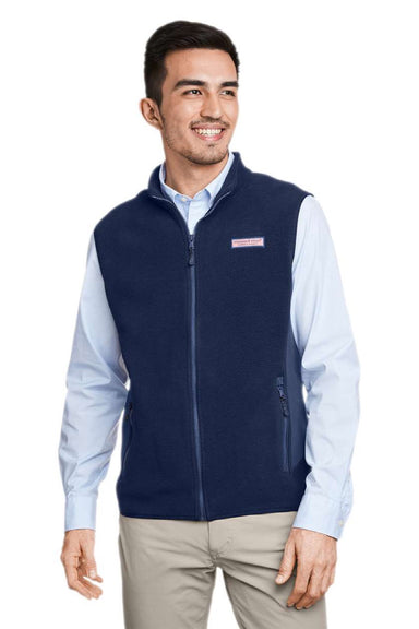 Vineyard Vines O001401 Mens Harbor Fleece Full Zip Vest Vineyard Navy Blue Model Front