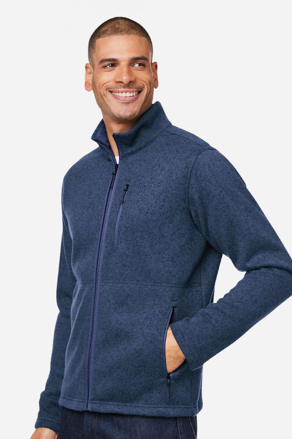 Marmot M16223 Mens Drop Line Fleece Full Zip Jacket Heather Arctic Navy Blue Model Side