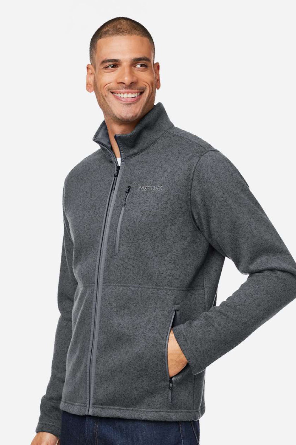 Marmot M16223 Mens Drop Line Fleece Full Zip Jacket Heather Steel Onyx Grey Model Side