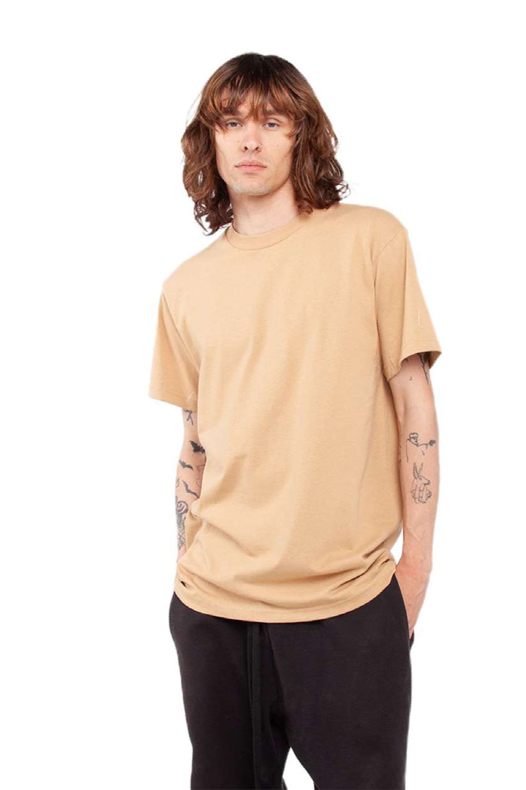 Shaka Wear SHASS Mens Active Short Sleeve Crewneck T-Shirt Khaki Model Side