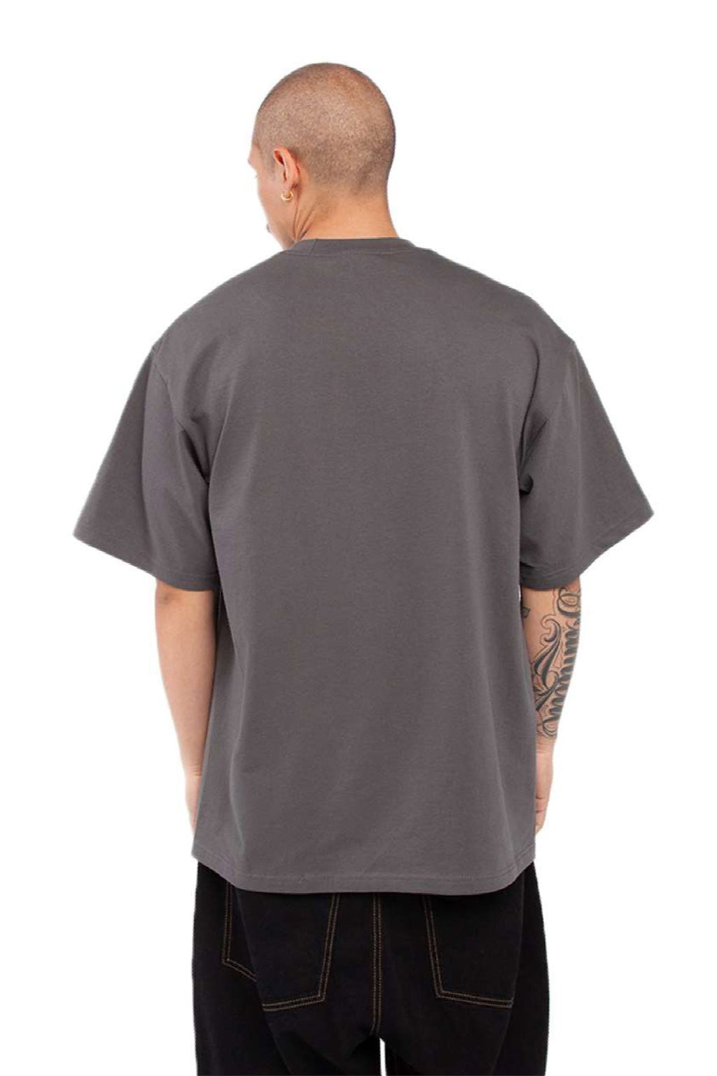 Shaka Wear SHMHSS Mens Max Heavyweight Short Sleeve Crewneck T-Shirt Dark Grey Model Back
