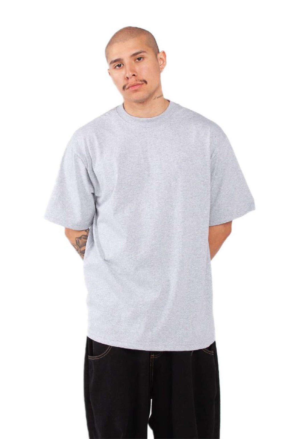 Shaka Wear SHMHSS Mens Max Heavyweight Short Sleeve Crewneck T-Shirt Heather Grey Model Front