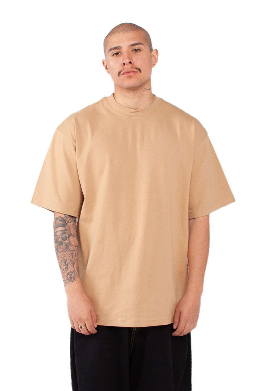 Shaka Wear SHMHSS Mens Max Heavyweight Short Sleeve Crewneck T-Shirt Khaki Model Front