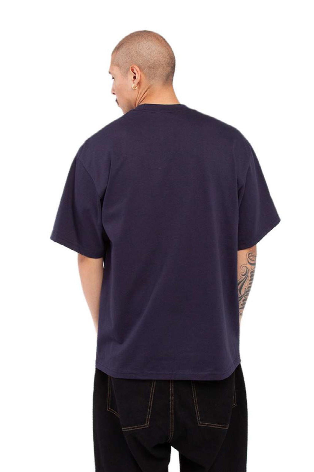 Shaka Wear SHMHSS Mens Max Heavyweight Short Sleeve Crewneck T-Shirt Navy Blue Model Back