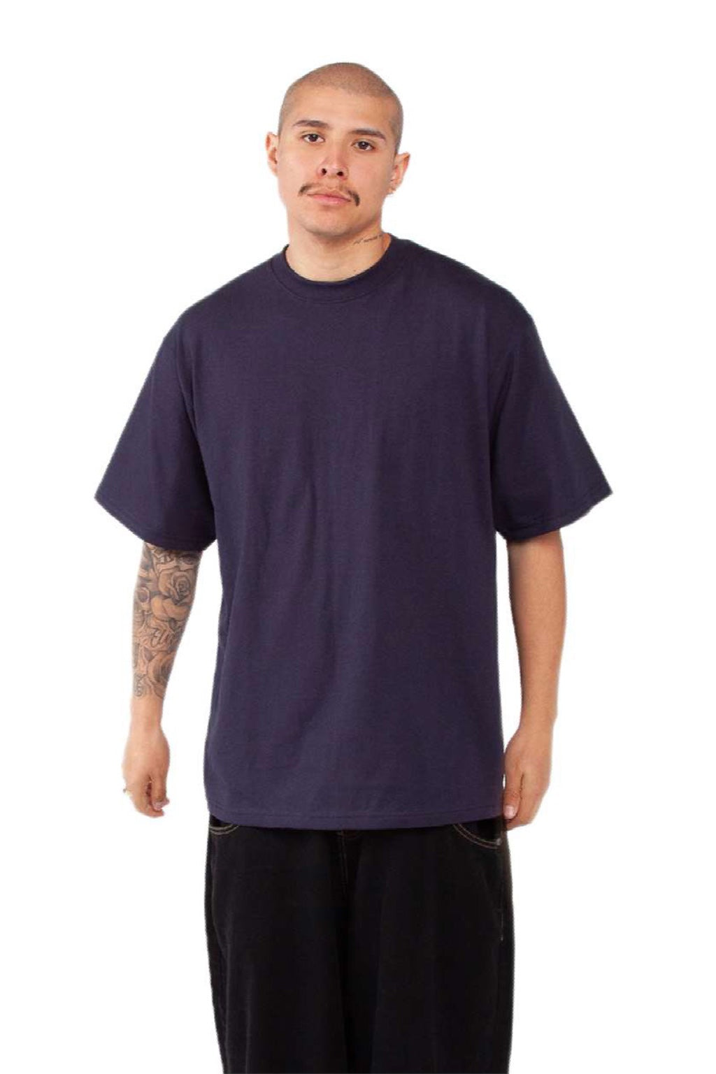 Shaka Wear SHMHSS Mens Max Heavyweight Short Sleeve Crewneck T-Shirt Navy Blue Model Front