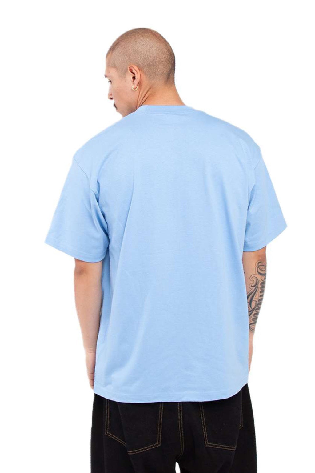 Shaka Wear SHMHSS Mens Max Heavyweight Short Sleeve Crewneck T-Shirt Sky Blue Model Back