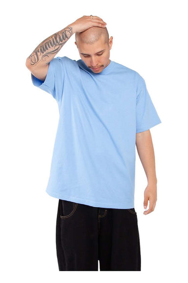 Shaka Wear SHMHSS Mens Max Heavyweight Short Sleeve Crewneck T-Shirt Sky Blue Model Front