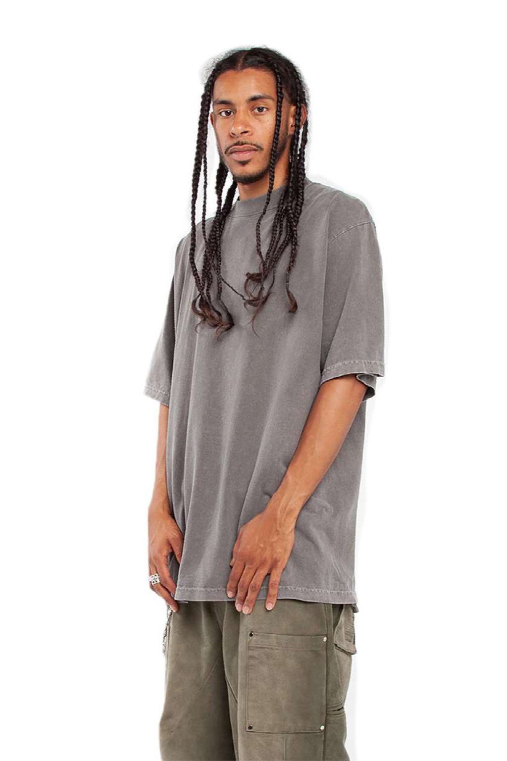 Shaka Wear SHGD Mens Garment Dyed Short Sleeve Crewneck T-Shirt Cement Grey Model Side