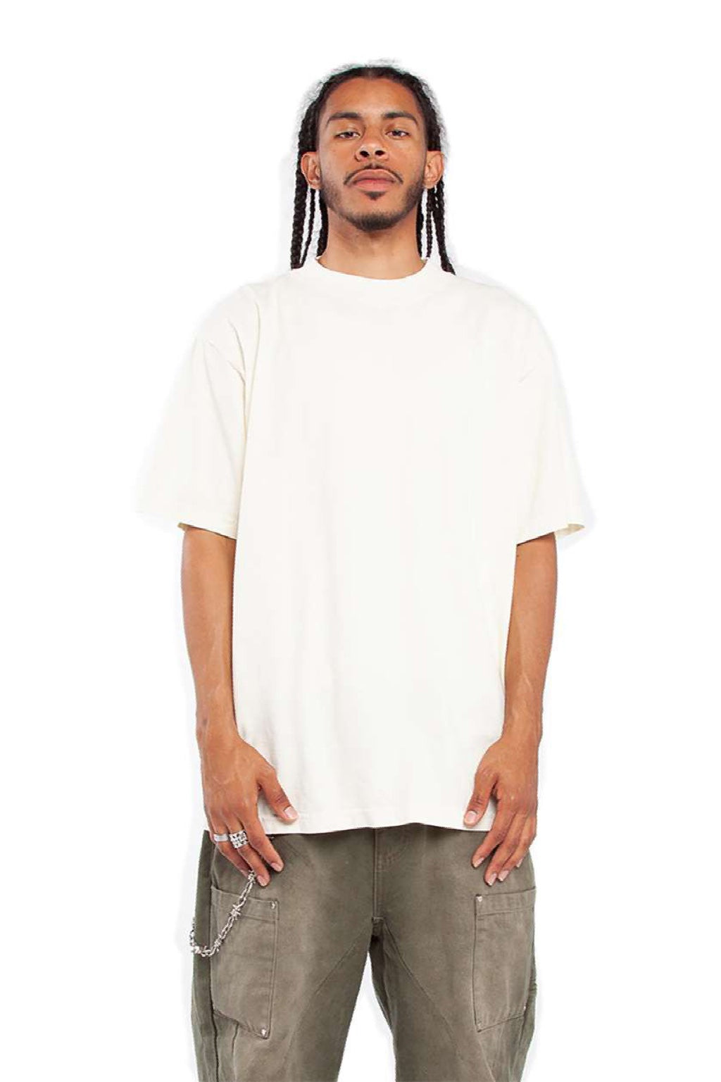 Shaka Wear SHGD Mens Garment Dyed Short Sleeve Crewneck T-Shirt Cream Model Front