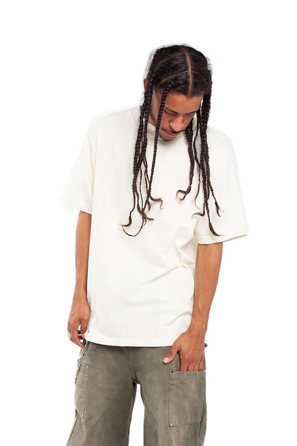 Shaka Wear SHGD Mens Garment Dyed Short Sleeve Crewneck T-Shirt Cream Model Side