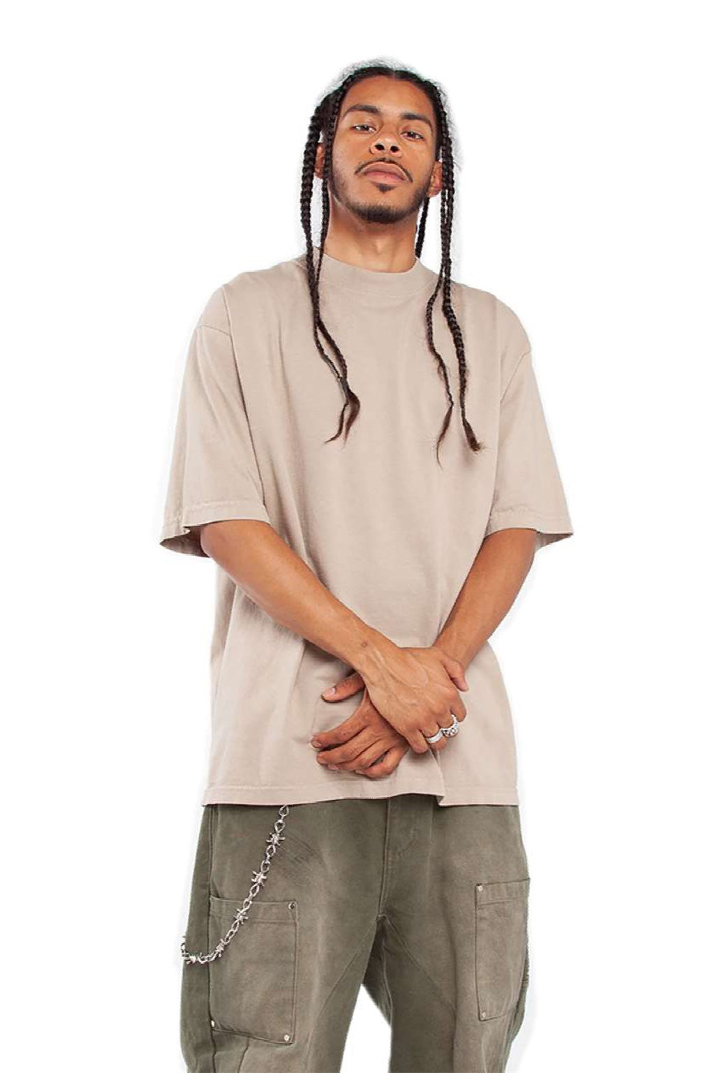 Shaka Wear SHGD Mens Garment Dyed Short Sleeve Crewneck T-Shirt Oatmeal Model Side