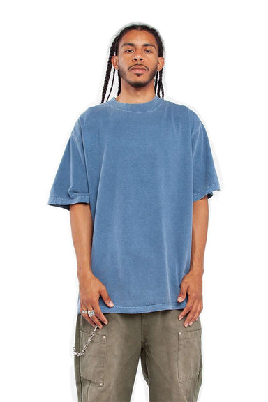 Shaka Wear SHGD Mens Garment Dyed Short Sleeve Crewneck T-Shirt Washed Denim Blue Model Front