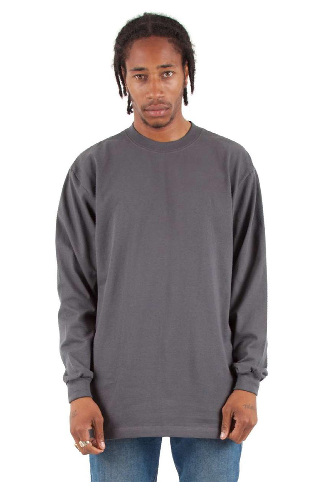 Shaka Wear SHMHLS Mens Max Heavyweight Long Sleeve Crewneck T-Shirt Dark Grey Model Front