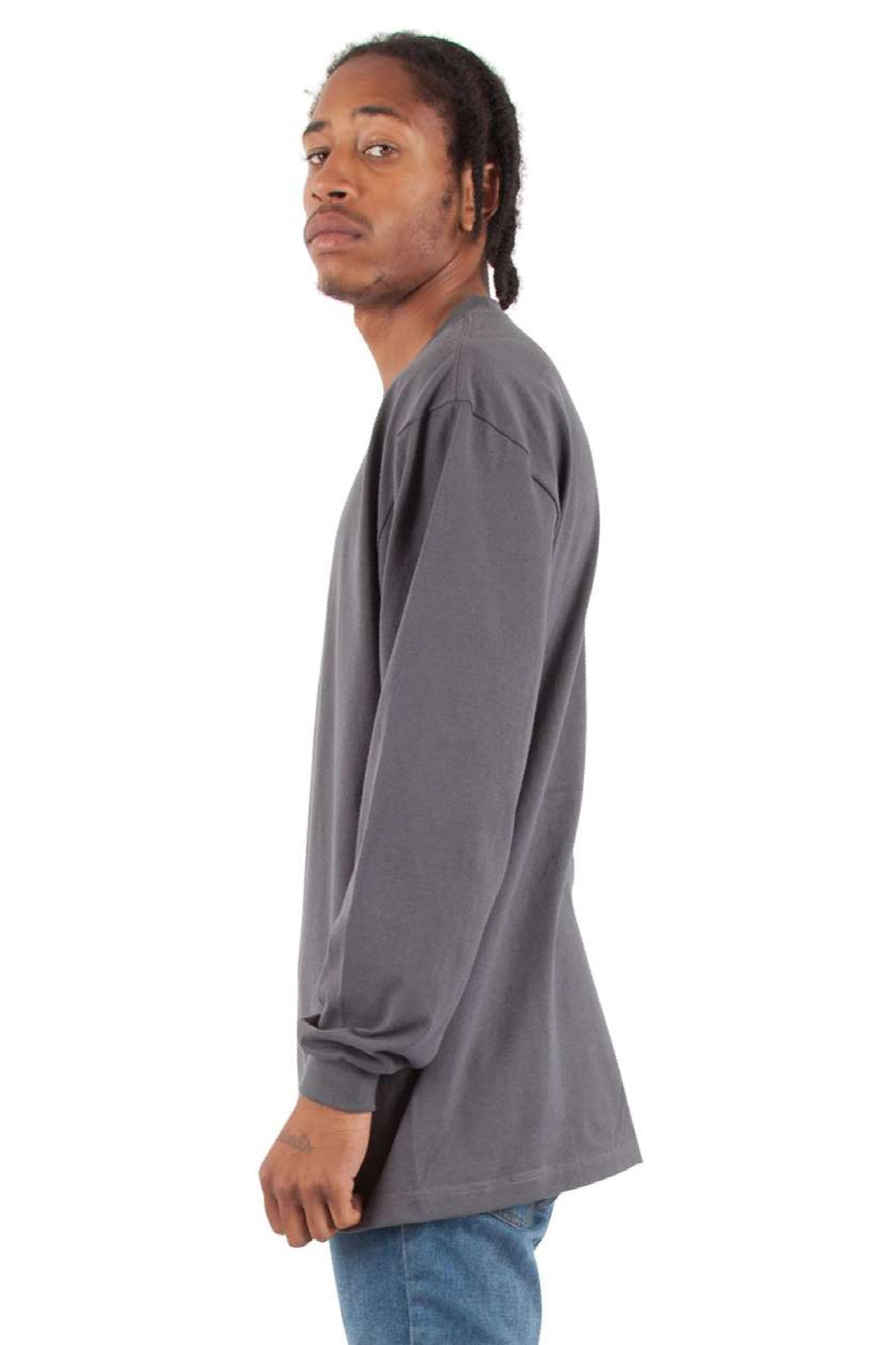 Shaka Wear SHMHLS Mens Max Heavyweight Long Sleeve Crewneck T-Shirt Dark Grey Model Side