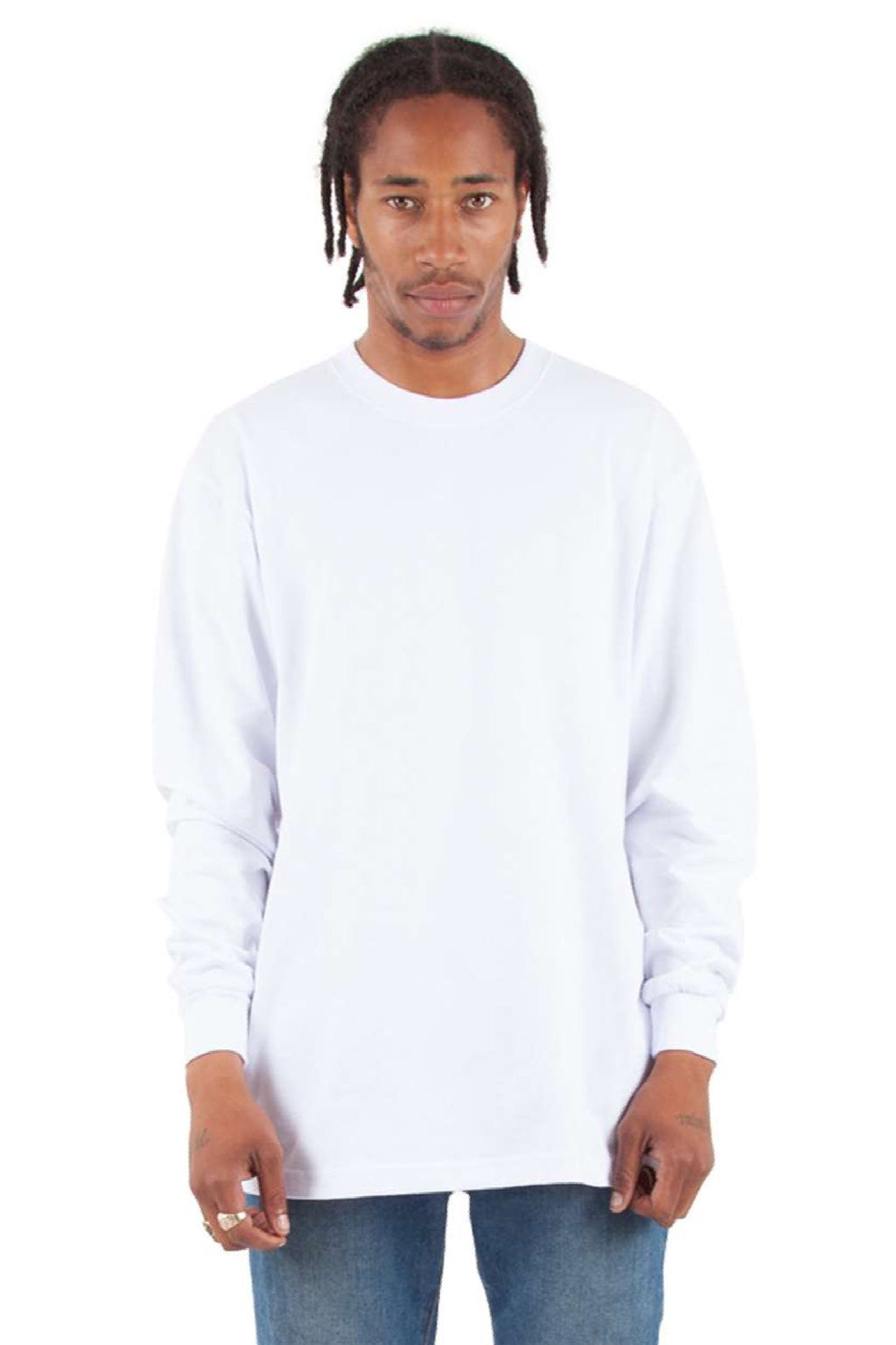 Shaka Wear SHMHLS Mens Max Heavyweight Long Sleeve Crewneck T-Shirt White Model Front