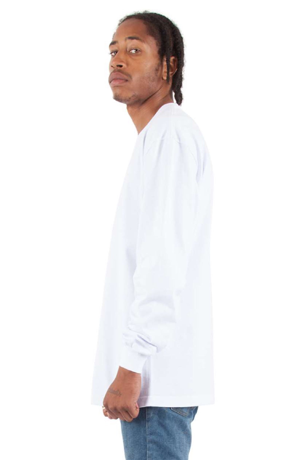 Shaka Wear SHMHLS Mens Max Heavyweight Long Sleeve Crewneck T-Shirt White Model Side