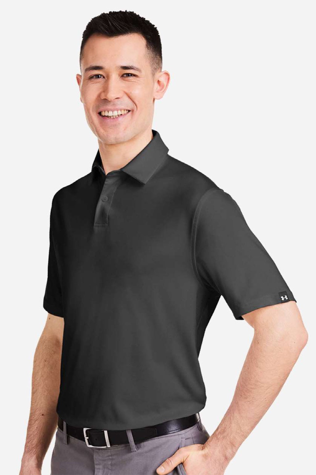 Under Armour 1383255 Mens Recycled Short Sleeve Polo Shirt Black/Grey Model Side