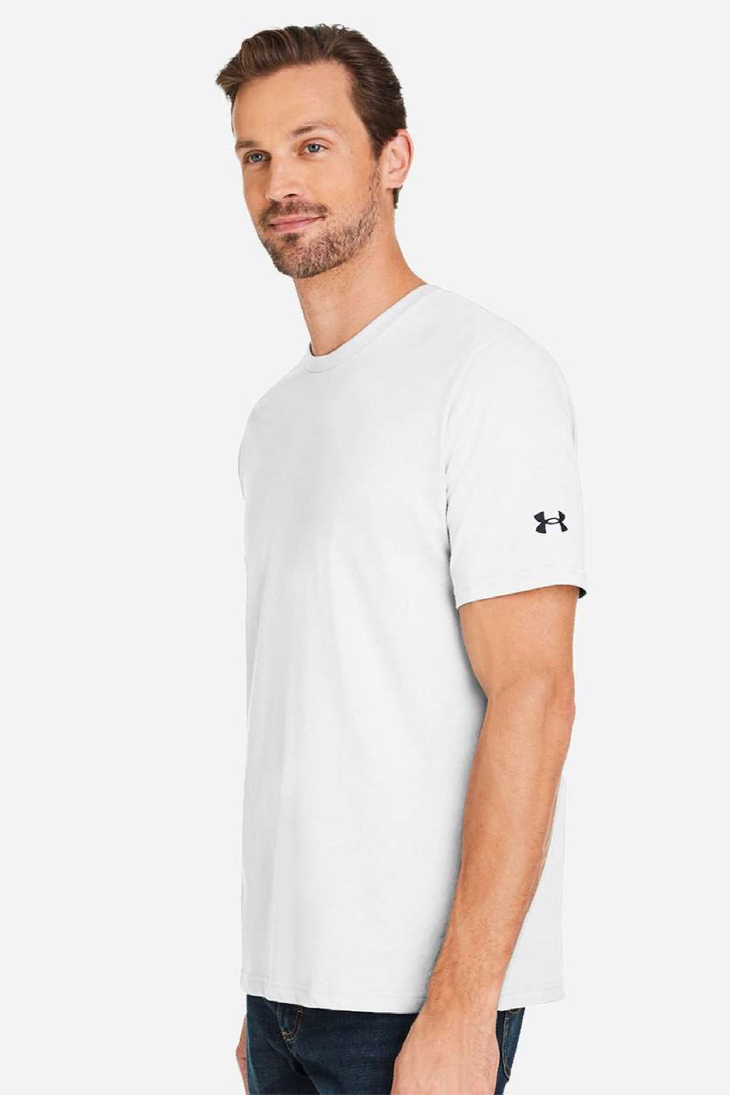 Under Armour 1383264 Mens Athletic 2.0 Short Sleeve Crewneck T-Shirt White/Black Model Side